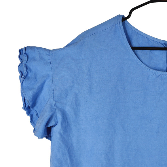 Context Linen Peplum Top Blouse sz M Women Blue Flutter Sleeves Cottage Coastal - Picture 3 of 13